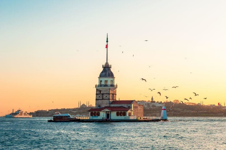 The Maiden's Tower standing in the Bosphorus strait